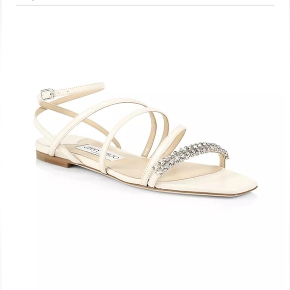 NWT JIMMY CHOO Maesie Embellished Leather Sandals Cream Ecru White Crystal - 5 - Picture 3 of 14